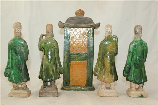 Four pottery tomb figures and a similar model of a shrine, Tang dynasty, 20.5cm and 26.5cm